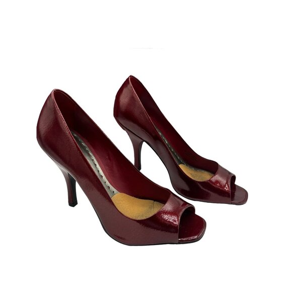 BCBGirls Ariel Ruby Red Tumbled Pearl Patent Leather Peep toe Stiletto Heels sz - Picture 4 of 16